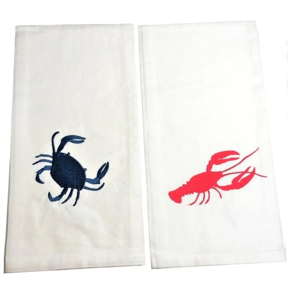 Nautical Kitchen Dish Towels Lobster Crab Embroidered Set of 2 Summer Red Blue